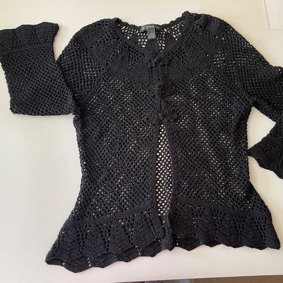 INC International Concepts Open Knit Crochet Black Ruffle Hem Cardigan M - Picture 4 of 15